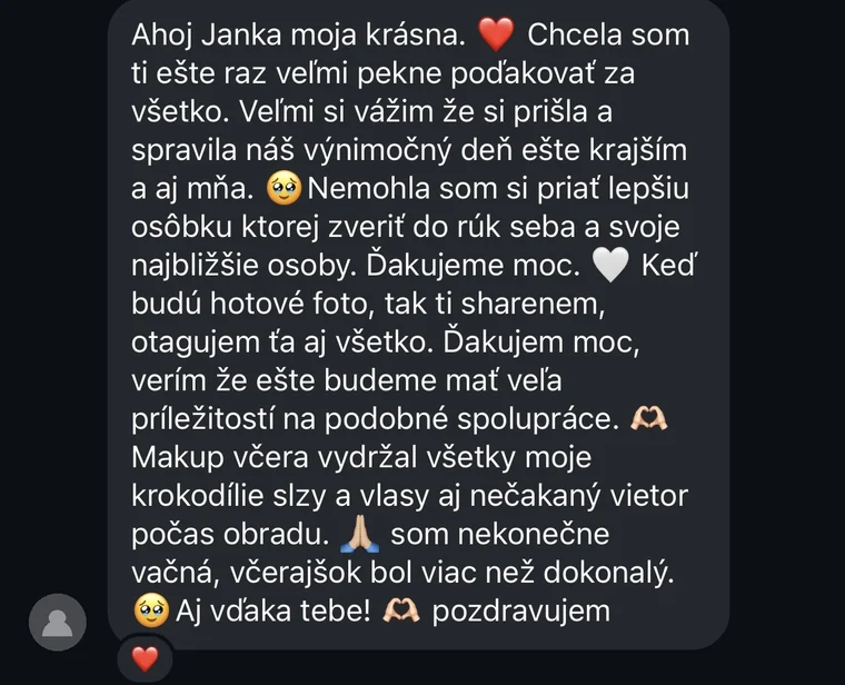 Správa od nevesty deň po svadbe, ďakuje za makeup a vlasy