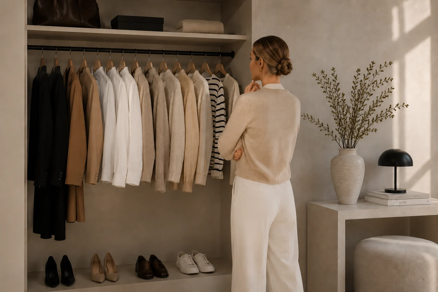 Kapsulový šatník na ramienku, neutrálne kúsky a žena vyberajúca outfit