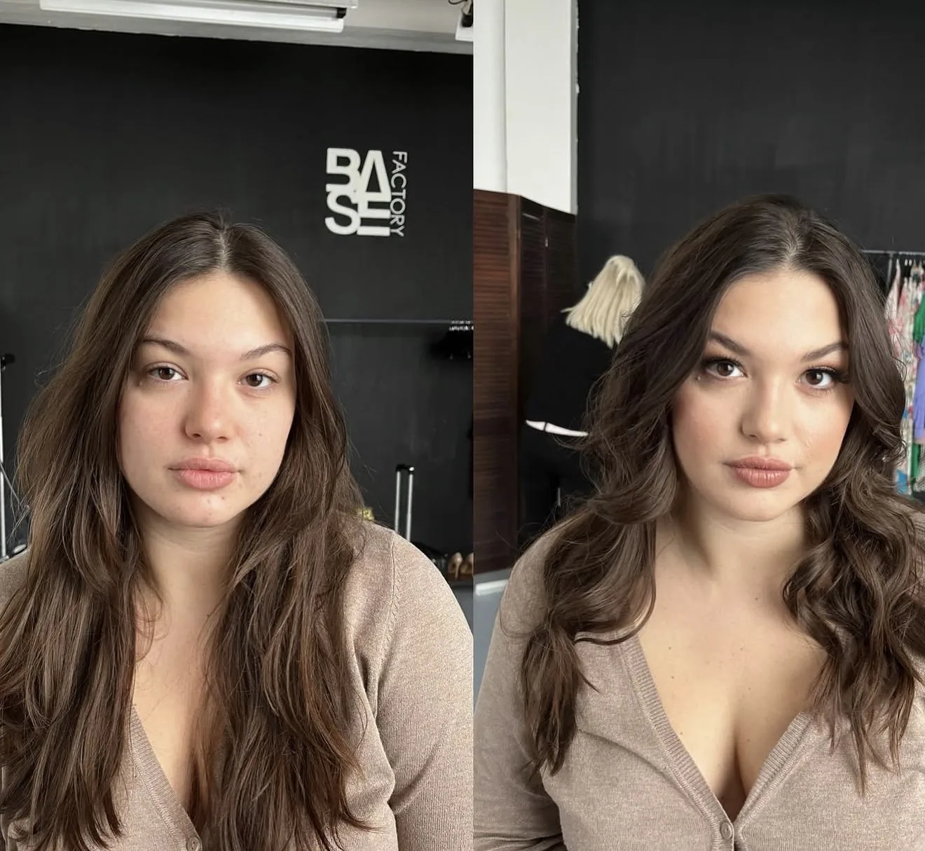 Premena klientky pred a po líčení, mäkké vlny a prirodzený makeup