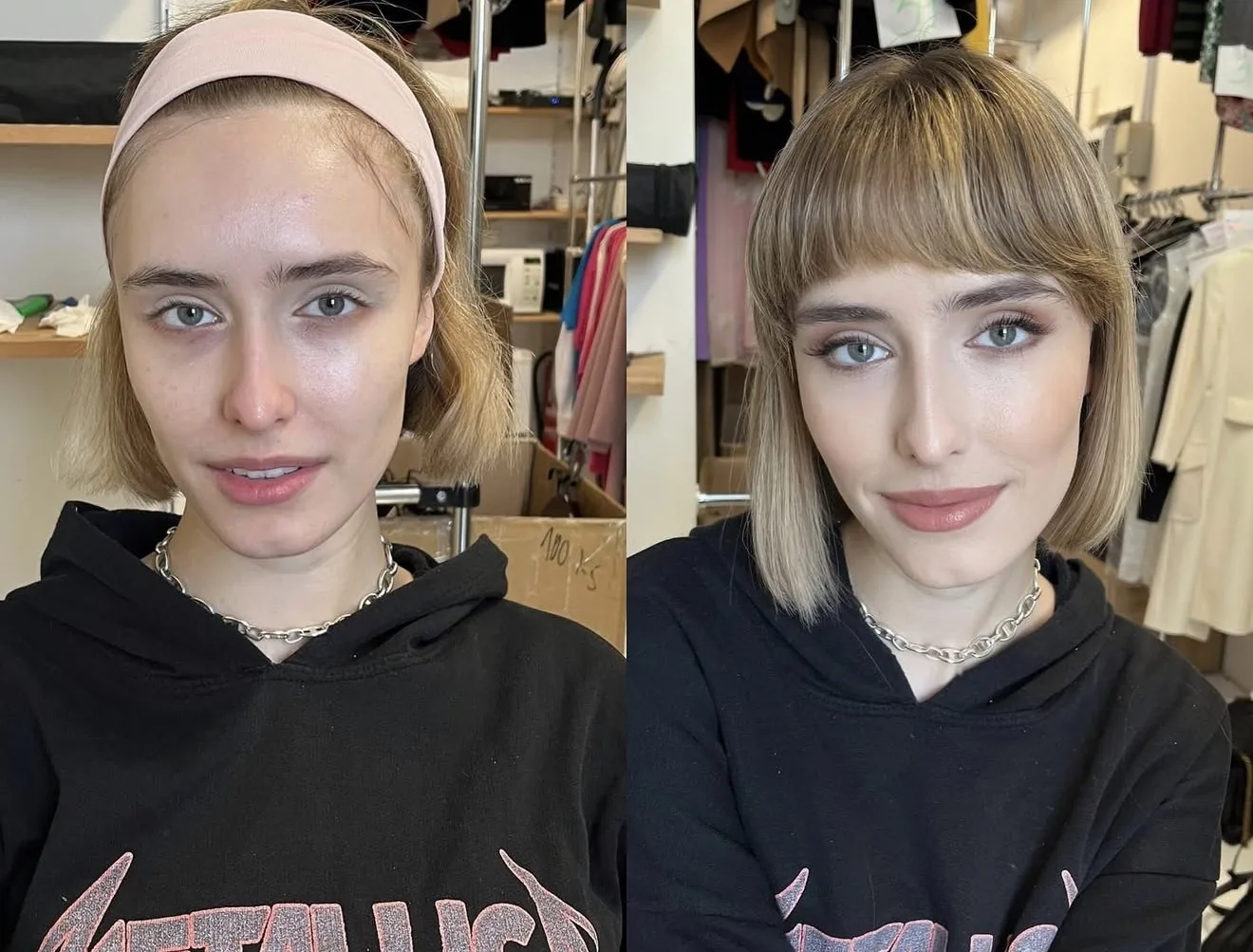 Premena klientky pred a po líčení, rozjasnená pleť a zvýraznené oči