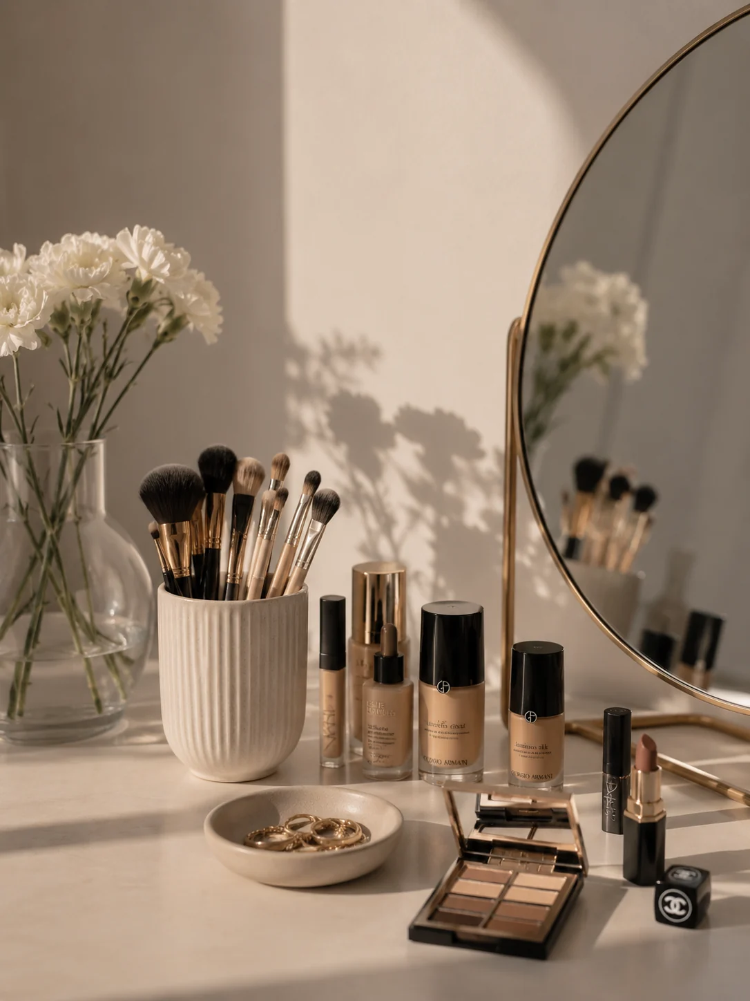 Makeup produkty a štetce na toaletnom stolíku, profesionálne líčenie