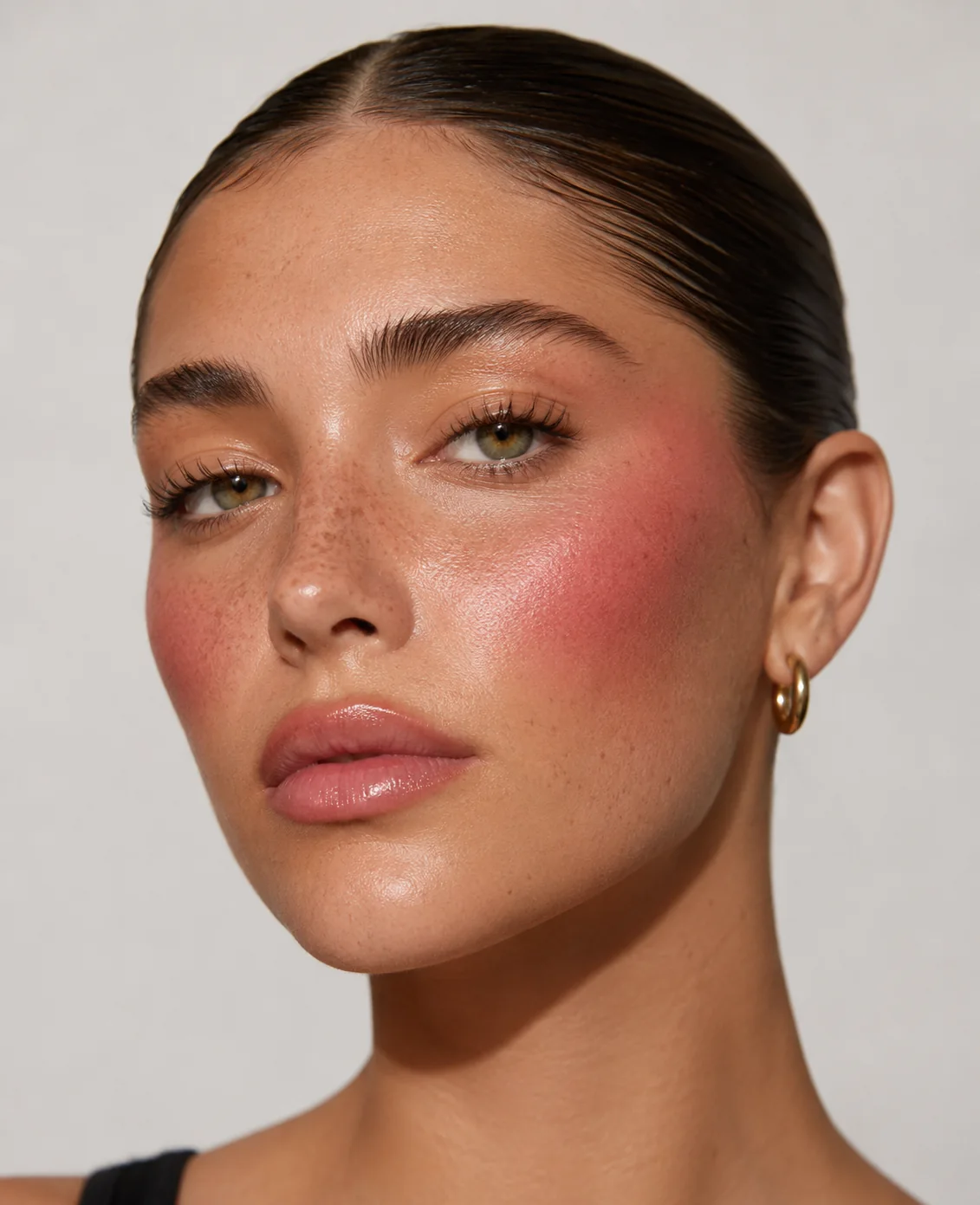 Detail profesionálneho makeupu, žiarivá pleť a prirodzená lícenka