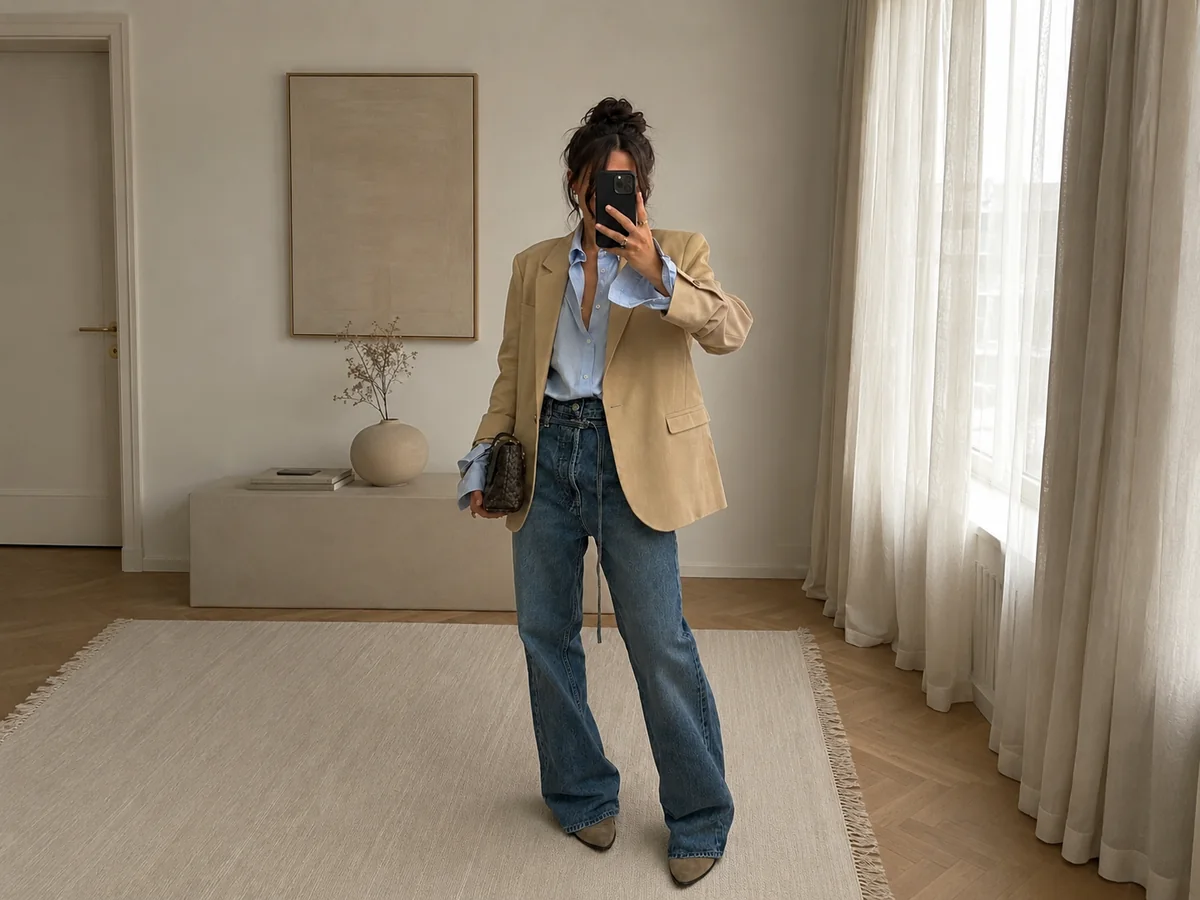 Módny outfit, béžový oversized blazer, modrá košeľa a široké džínsy