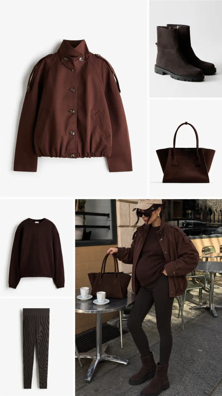 Hnedý outfit: bluzónová bunda, pletený pulóver, tmavé legíny, semišové členkové čižmy a malá nákupná taška.