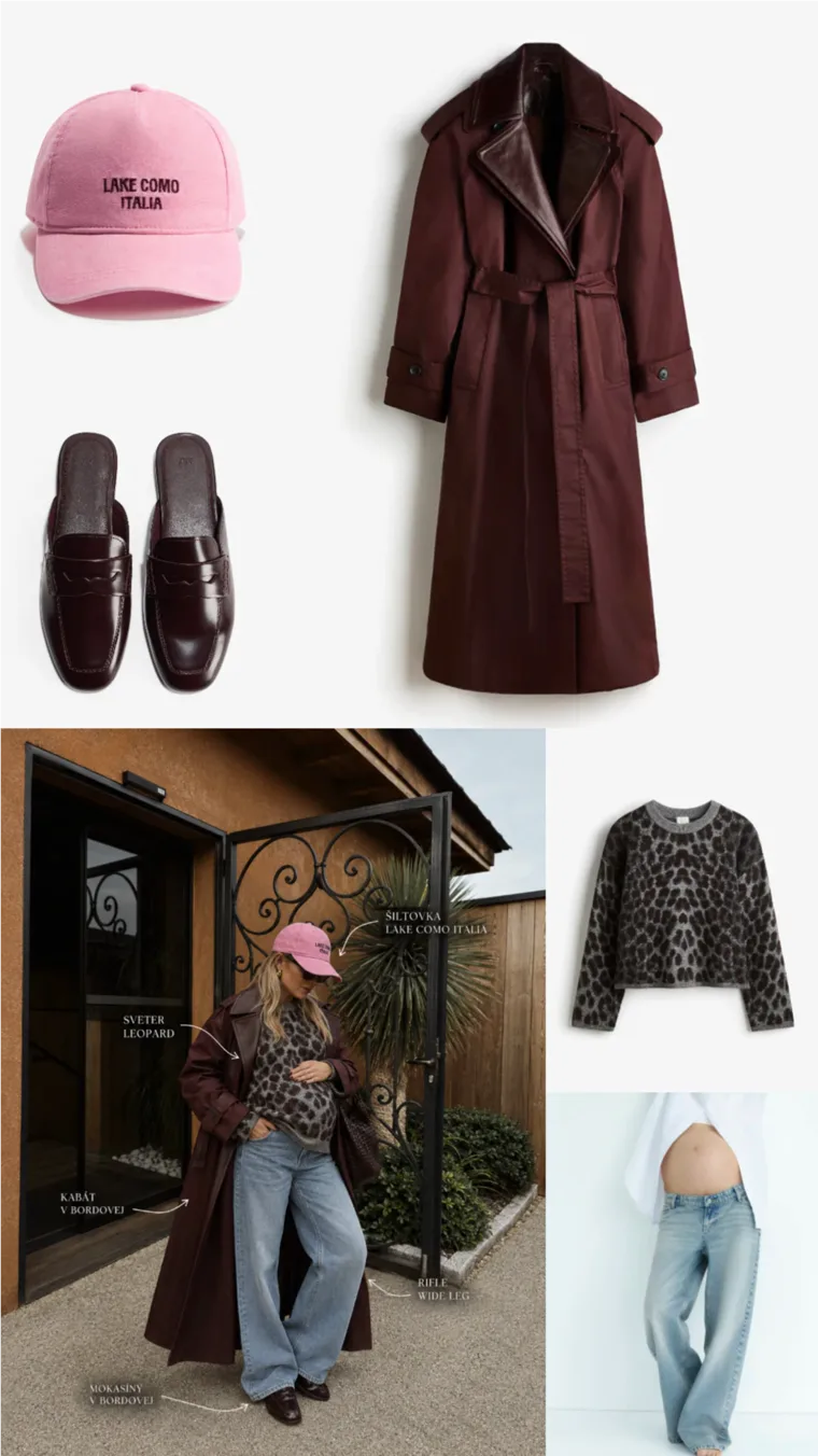 Bordový outfit: dlhý kabát, sveter s leopardím vzorom, svetlé wide leg rifle, šiltovka a mokasíny.