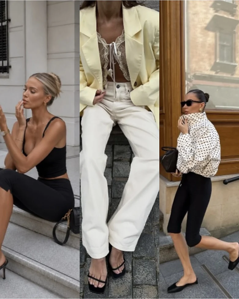Trendy 2026: butter yellow oversized sako ku krémovým nohaviciam, čierny top s kratšími legínami a bodkovaná blúzka s čiernymi balerínami