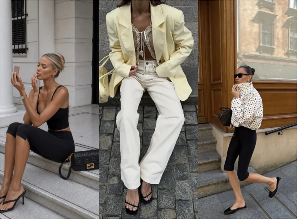 Trendy 2026: butter yellow oversized sako ku krémovým nohaviciam, čierny top s kratšími legínami a bodkovaná blúzka s čiernymi balerínami