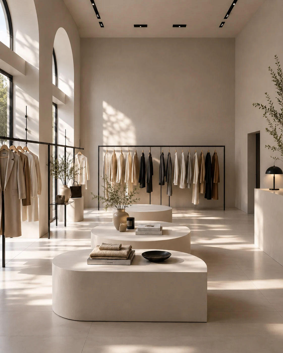 Minimalistický butik: stojany s neutrálnym oblečením a oblé výstavné stoly