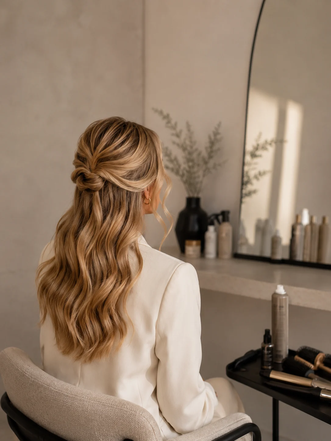 Vlasový styling: vlnitý polovičný drdol, blond vlasy pri toaletnom stolíku
